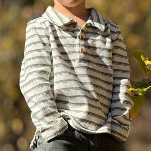 Me & Henry - Sage Green & Winter White Stripe Polo Shirt