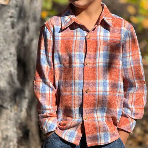 Me & Henry - Pumpkin Orange, Blue and Ivory Plaid Shirt