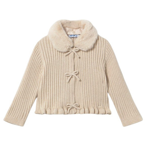 Mayoral - Milk Heather Faux Fur Collar Cardigan