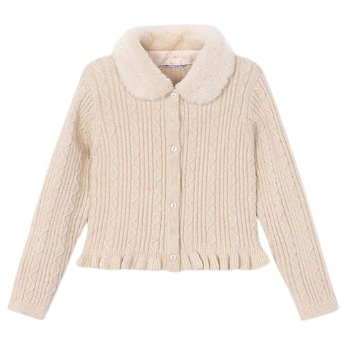 Mayoral - Milk Heather Faux Fur Collar Cardigan