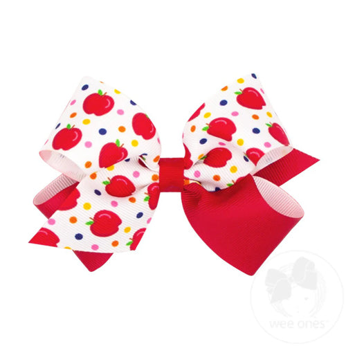 Apple Print & Red color block Grosgrain Bow