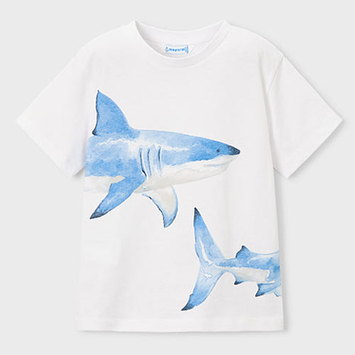 Mayoral - 3080-92 - White Tee Shirt with Blue Shark