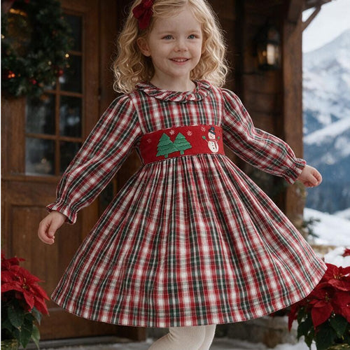 Cotton Kids - Evergreen Tartan Snowman & Trees Dress