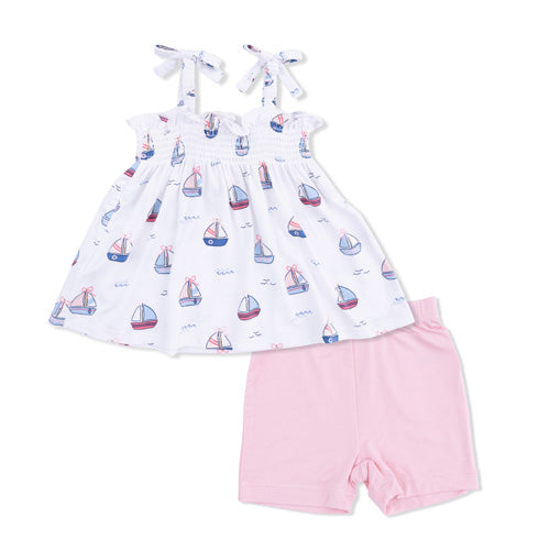 Angel Dear Bubbly Sailboats Pink Smocked Top & Bike Short