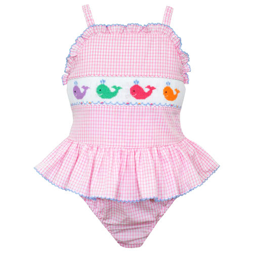 Anavini Pink Check Whales Smocked Swimsuit