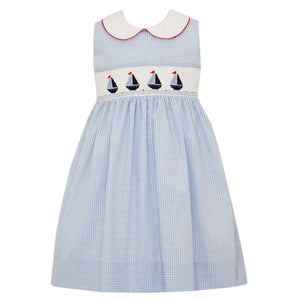 Anavini Lt Blue Gingham Sailboat Smocked Dress