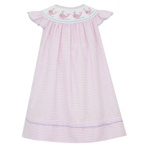 Anavini Pink Stripe Whale Smocked Bishop Dress