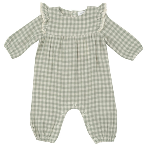 Angel Dear Sage Green Check Muslin Romper