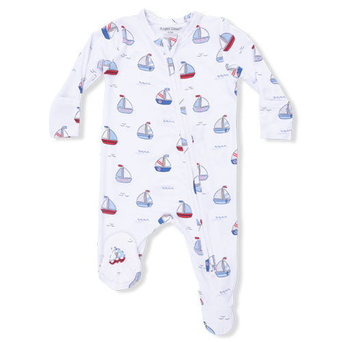 Angel Dear Bubbly Sailboats Blue Zip Footie