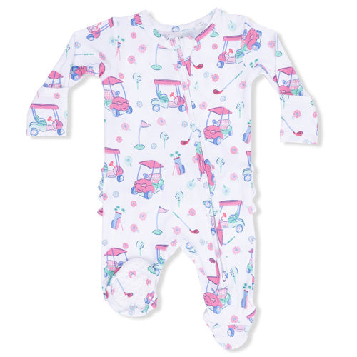 Angel Dear Pink Golf Carts & Flowers Ruffle Zip Footie