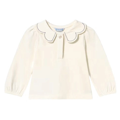 Mayoral - Off White Polo with Navy Scallop Collar