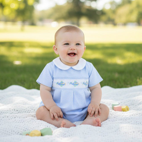 Petit Bebe - Airplane Blue Stripe Romper