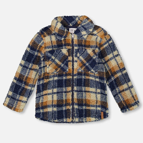 Deux par Deux Blue and Brown Plaid Sherpa Shacket