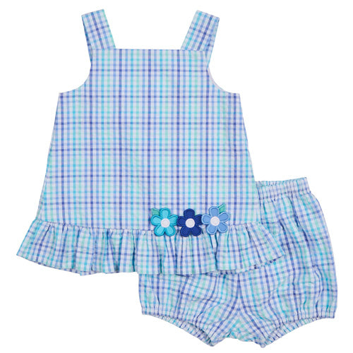 Florence Eiseman Blue Plaid Seersucker Dress & Bloomers