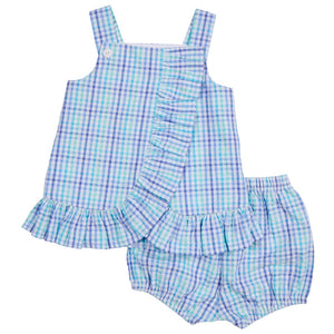 Florence Eiseman Blue Plaid Seersucker Dress & Bloomers