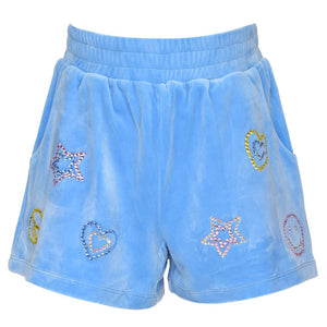 Hannah Banana Blue Velour Shorts with Rhinestone Emojis