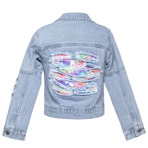 Hannah Banana Distress Denim Jacket with Sequins