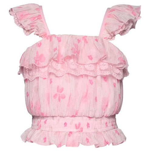 Hannah Banana Pink Floral Ruffle Top with Lace