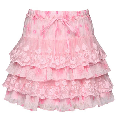 Hannah Banana Pink Floral Tiered Skirt with Lace Detail