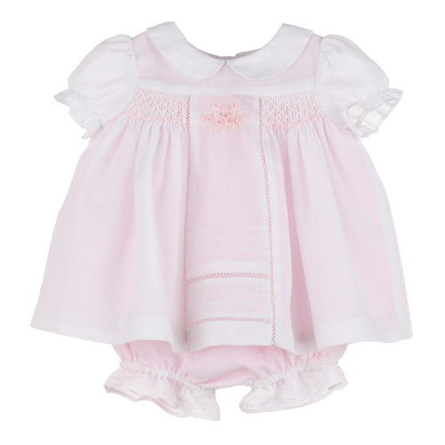 Luli & Me White & Pink Smocked Dress with Bloomers & Bonnet