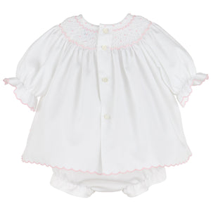 Luli & Me White & Pink Classic Feston Dress & Bloomers