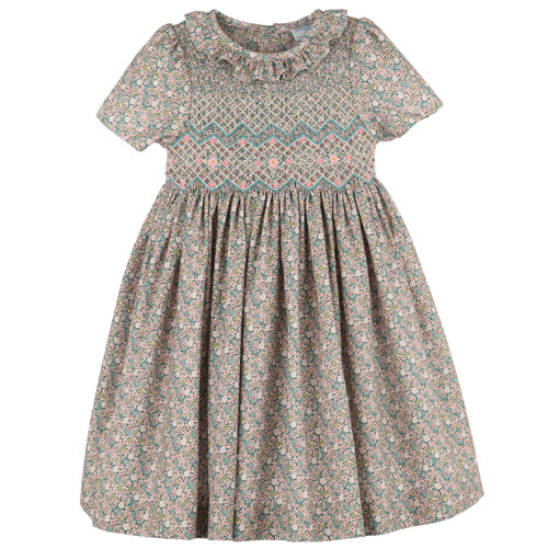 Luli & Me Teal Forest Floral Smocked Dress