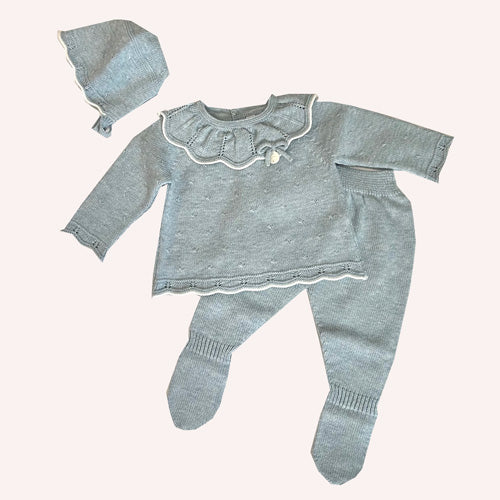 Martin Aranda Blue Grey Sweater Top, Footie Pants & Bonnet