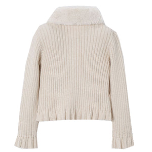 Mayoral Ivory Rib Cardigan with Fur Collar