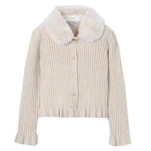 Mayoral Ivory Rib Cardigan with Fur Collar
