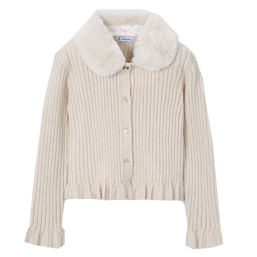 Mayoral Ivory Rib Cardigan with Fur Collar
