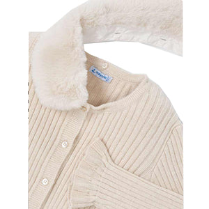 Mayoral Ivory Rib Cardigan with Fur Collar