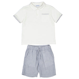 Mayoral White Polo Shirt with Blue Stripe Short Set