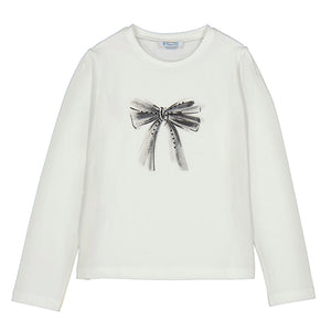 Mayoral Cream and Black Bow Long Sleeve Tee Shirt