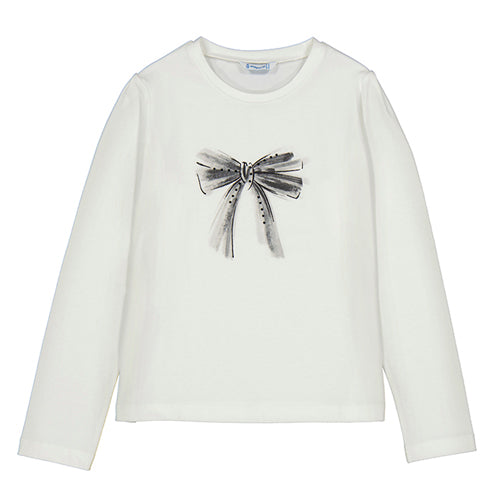 Mayoral Cream and Black Bow Long Sleeve Tee Shirt