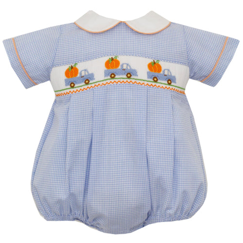 Petit Bebe Truck with Pumpkin Blue Gingham Romper