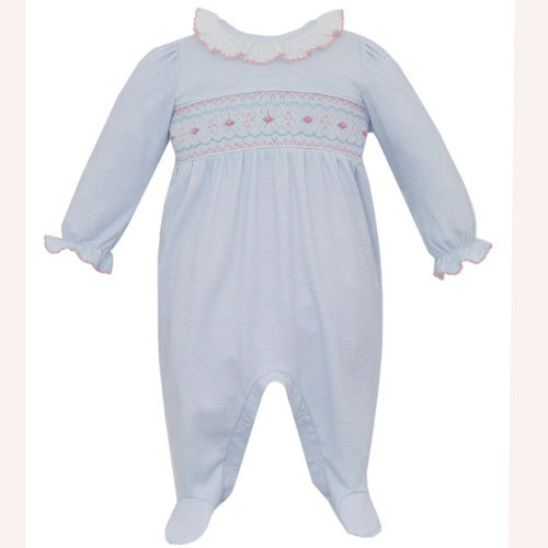 Petit Bebe Cindy Blue Stripe Smocked Footie