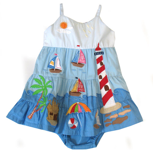 Cotton Kids Blue Tiered Beach Dress & Bloomers